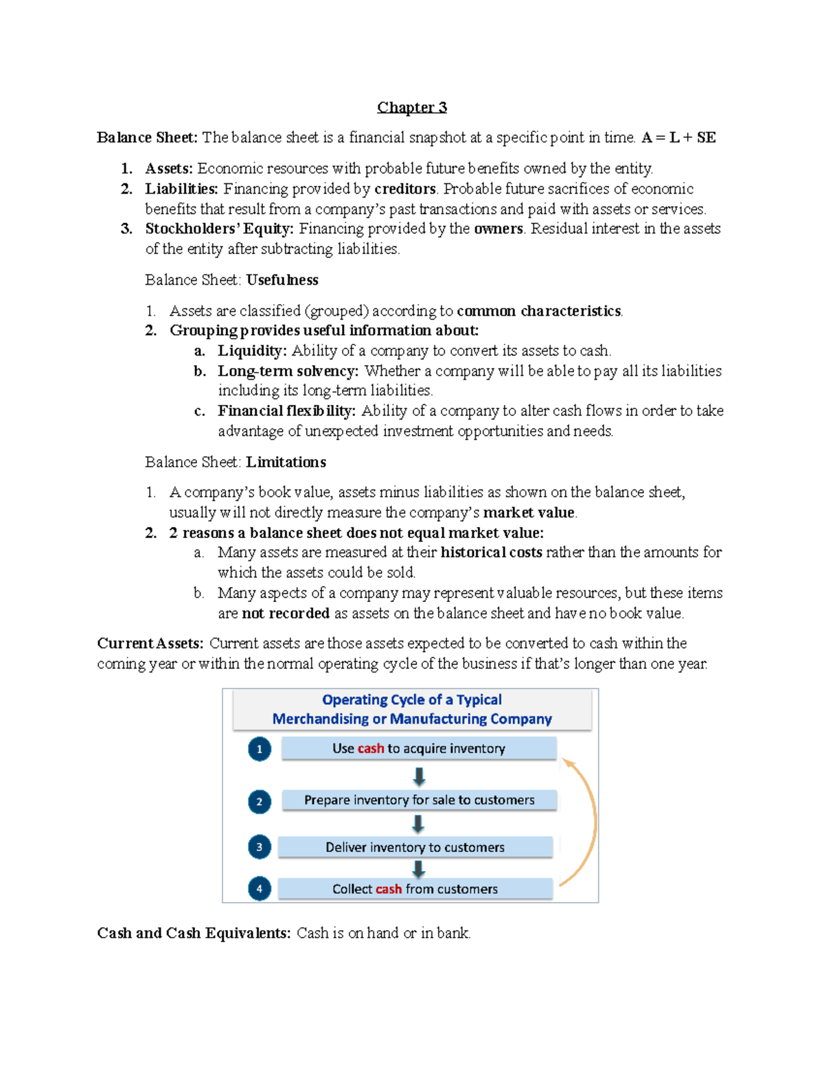 Chapter 3 Notes - Chapter 3 Balance Sheet: The balance sheet is a ...