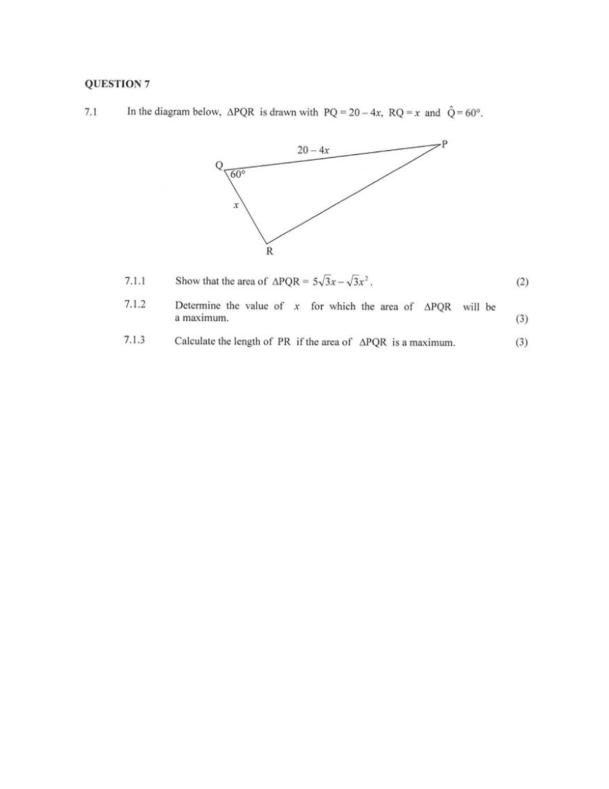 2d 1 Trigonometry Questions Question 7 7 In The Diagram Below Apqr Is Drawn With Pq Rq And 7978