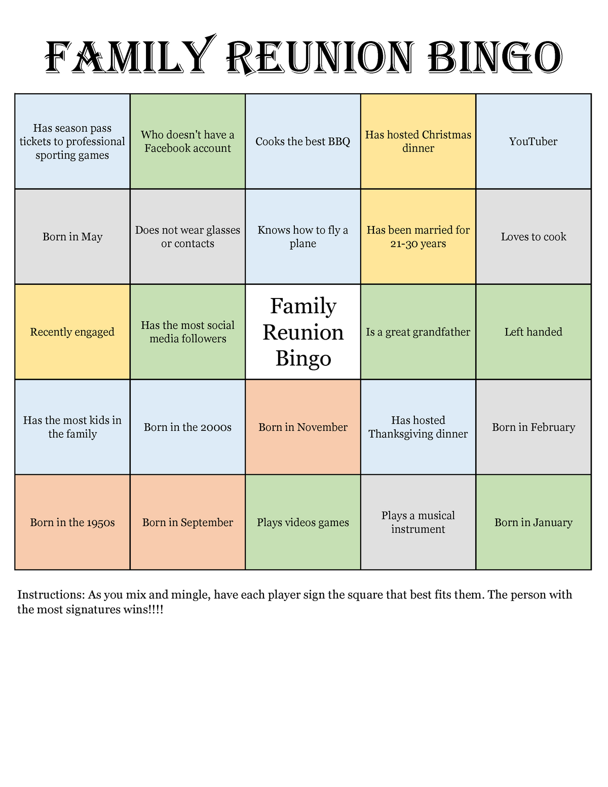 Family Reunion Bingo Mixand Mingle Style-40cards - NUR 4040 - NSU - Studocu