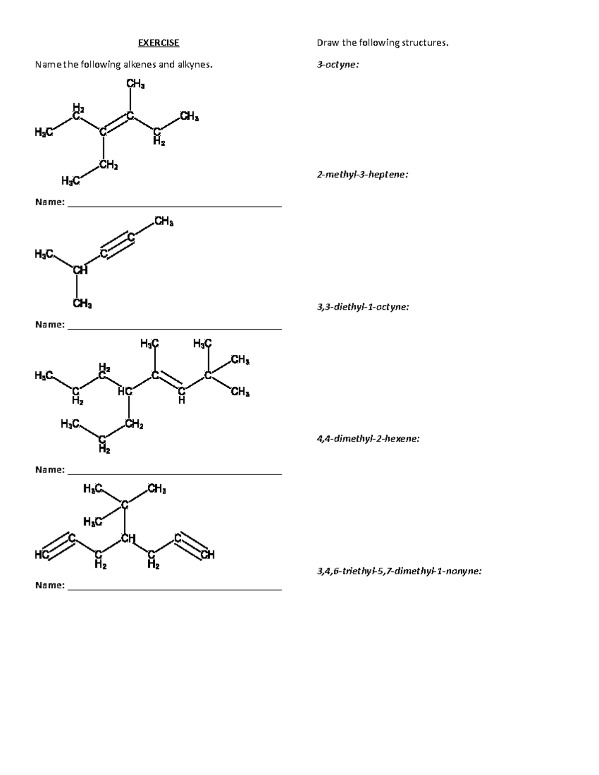 Alkenes And Alkynes Exercises Studocu