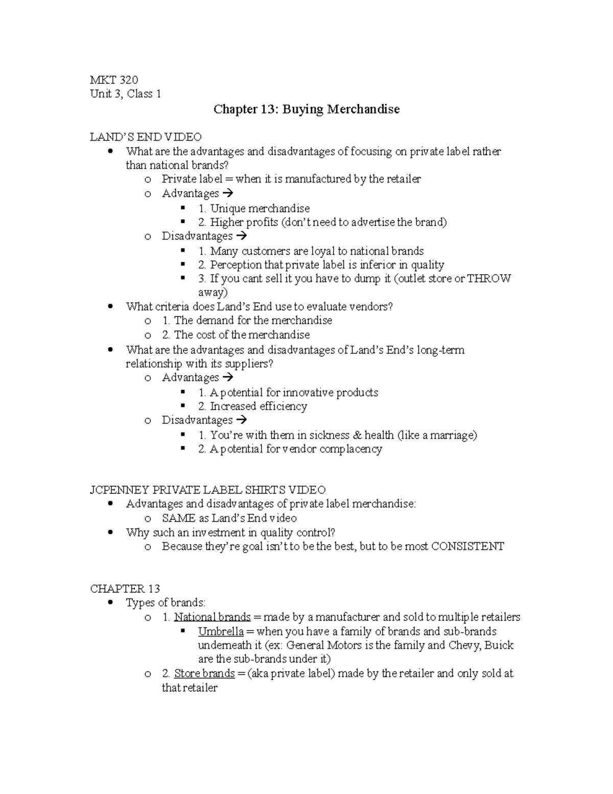 Ch 13 class notes - Professor Ian Scharf - MKT 320 Unit 3, Class 1 ...