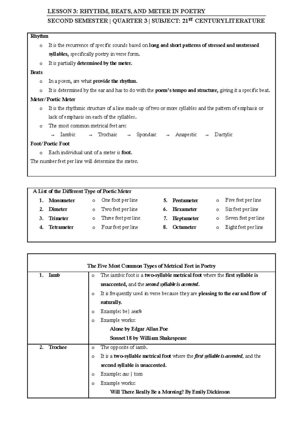 Lesson 3 – Rhythm, Beat, and Meter in Poetry - LESSON 3 : RHYTHM, BEATS ...