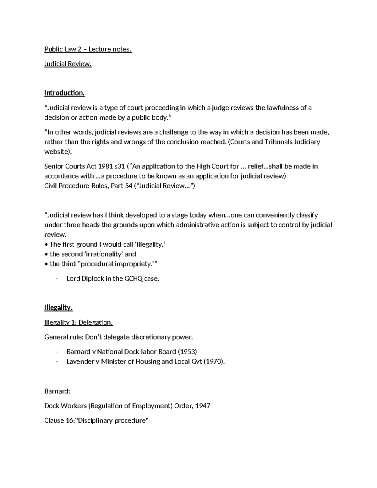 Public Law semester 2 - Public Law 2 – Lecture notes. Judicial Review ...