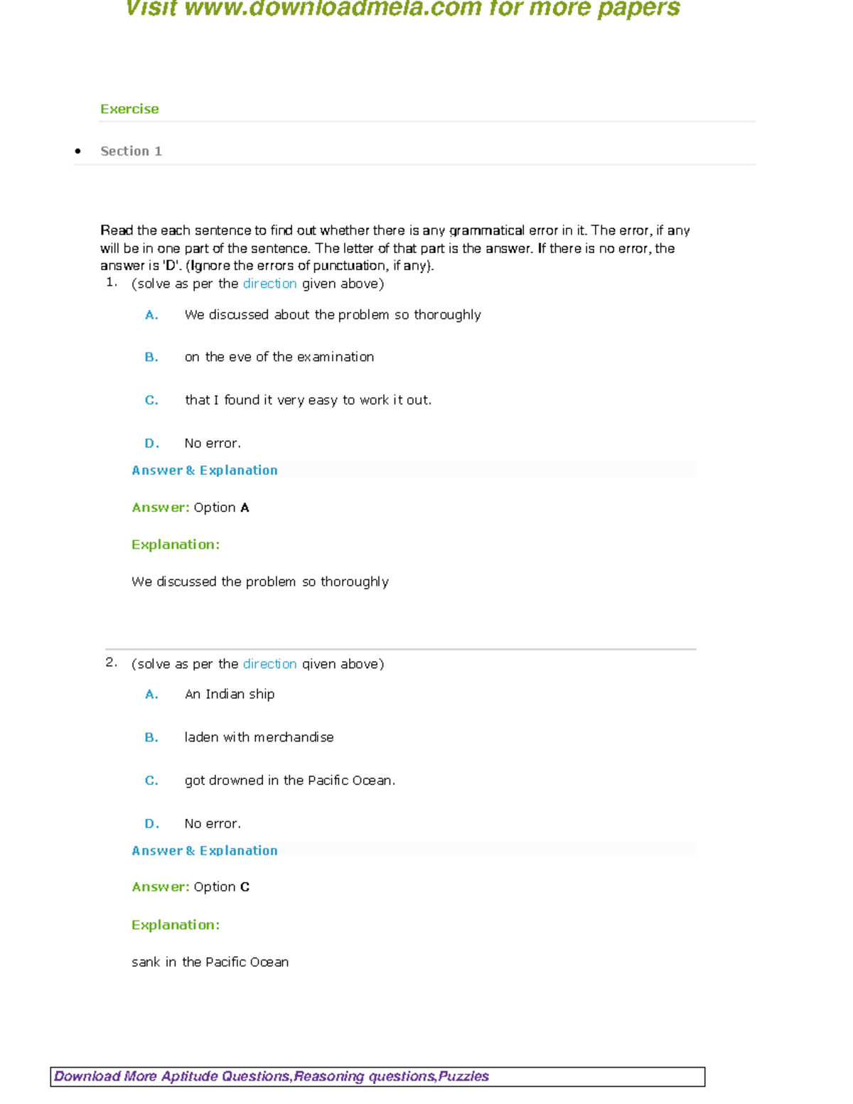 Spotting Errors Verbal Ability Questions and Answers Exercise Section