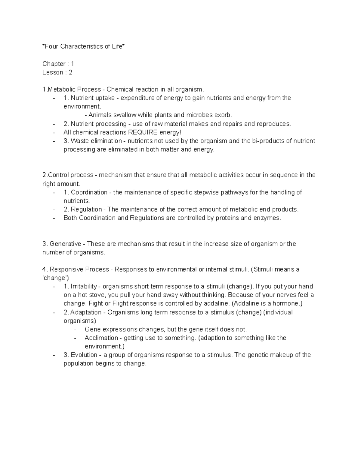 Chapter 1 Lesson 2 Biology (8 26 16) - Four Characteristics Of Life ...