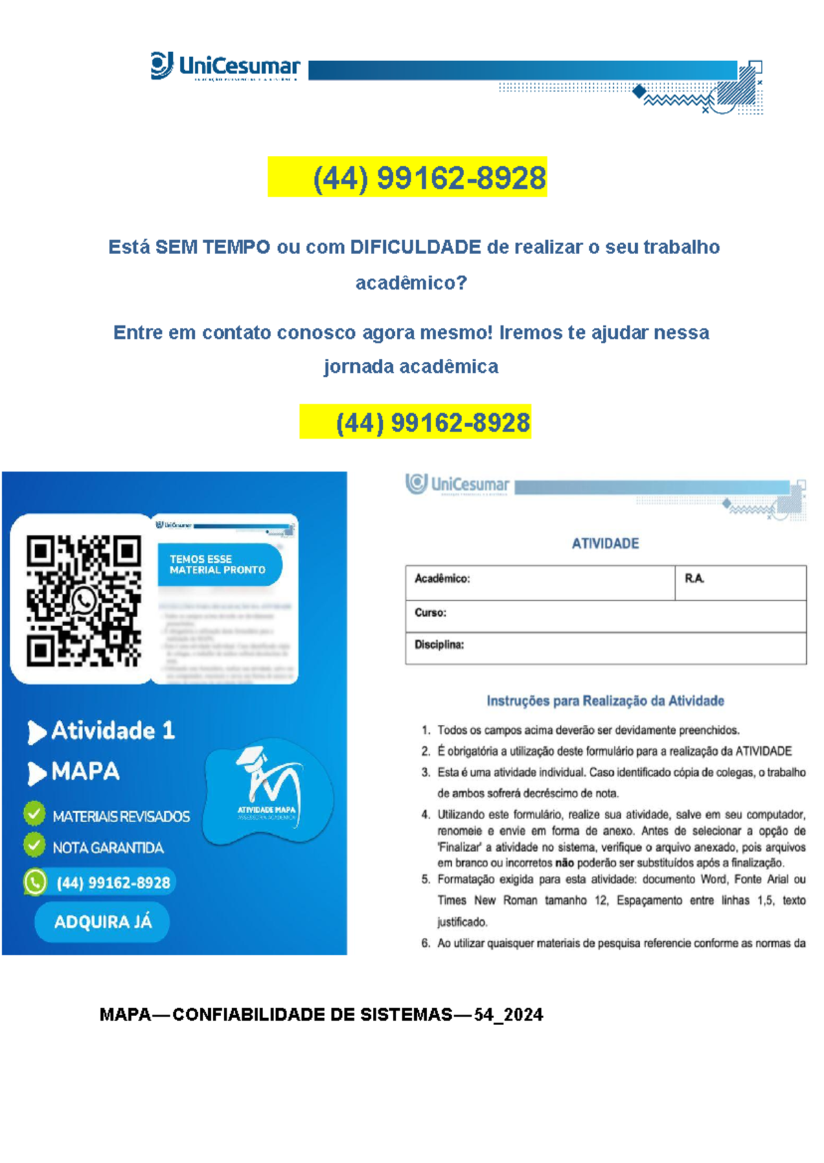MAPA — Confiabilidade DE Sistemas — 54 2024.docx - (44) 99162- Está SEM ...