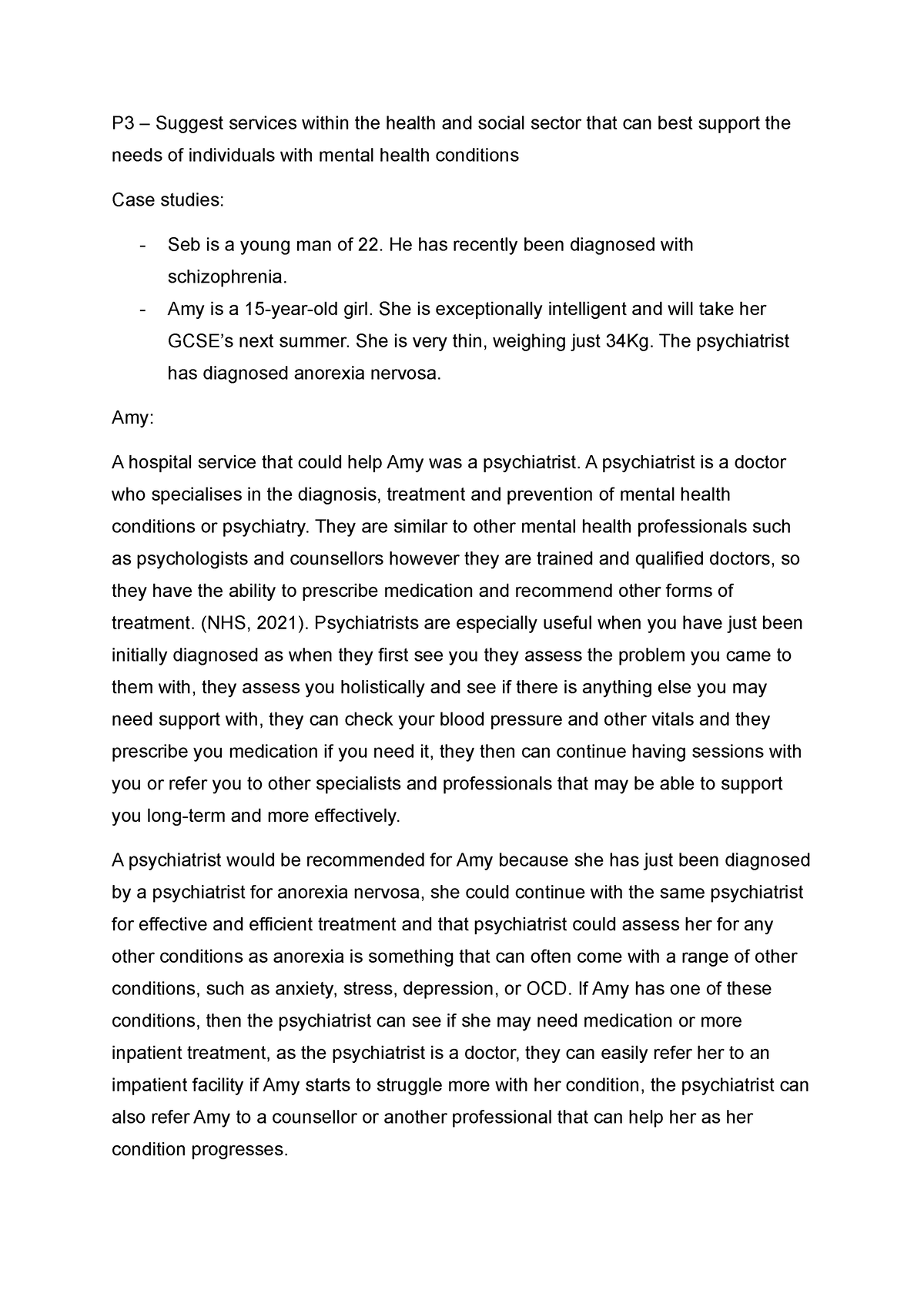 unit 5 health and social care coursework p3