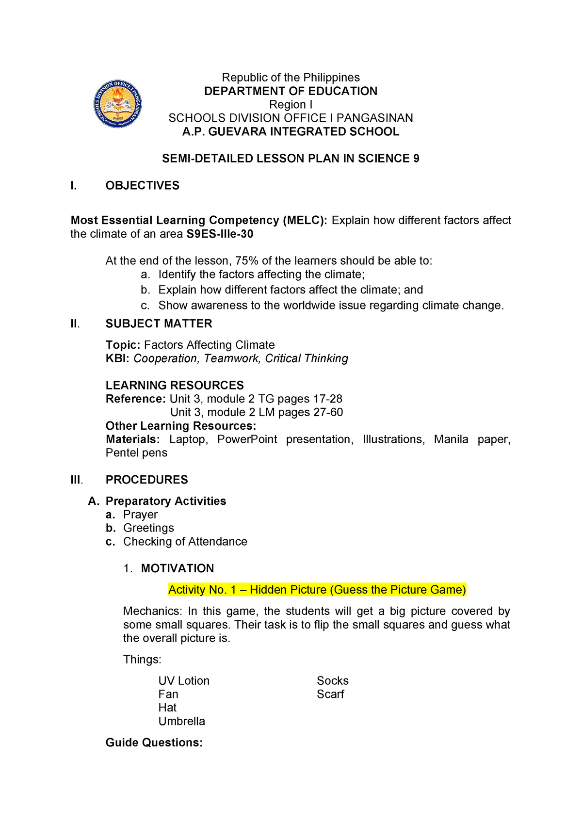 Q3 - Semi-Detailed Lesson - Factors Affecting the Climate ( Grade 9 ...