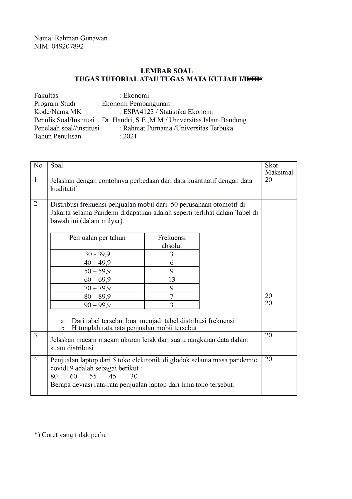 Espa4123 Tugas 1 Soal Statistika Lembar Soal Tugas Tutorial Atau Porn Sex Picture 3241