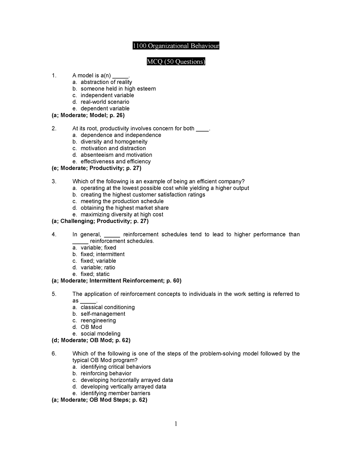 1100 Organizational Behavior Exam Focus - 1100 Behaviour MCQ (50 ...