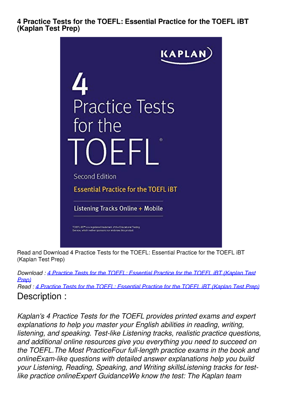 Read Download 4 Practice Tests For The Toefl Essential Practice For The Toefl Ibt Kaplan