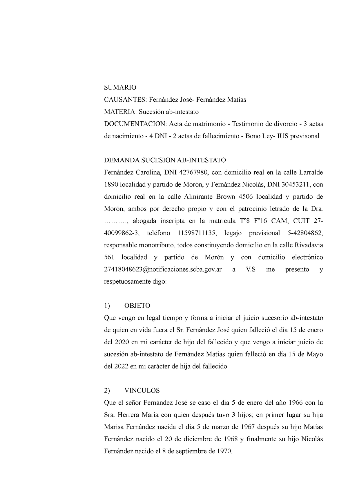 TP demanda sucesion ab-intestato - SUMARIO CAUSANTES: Fernández José-  Fernández Matías MATERIA: - Studocu