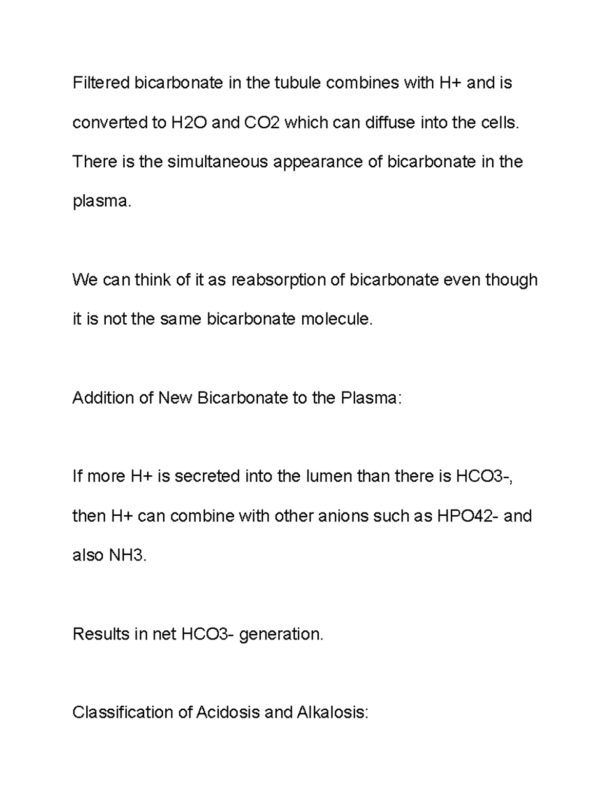 Lecture 18 Part 8 Filtered bicarbonate in the tubule combines with H+