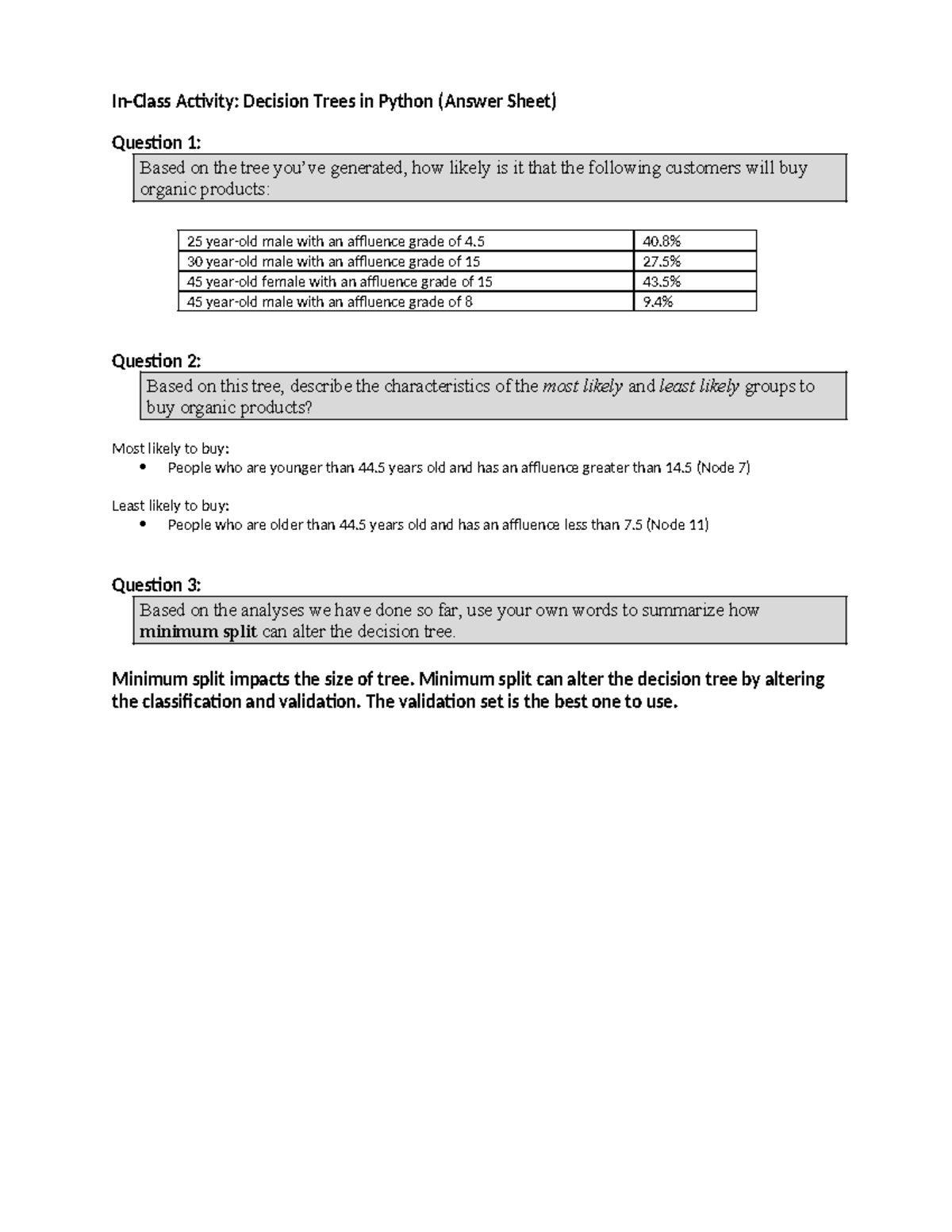 ICA #11 - Decision Trees [ Answer Sheet] - In-Class Activity: Decision ...