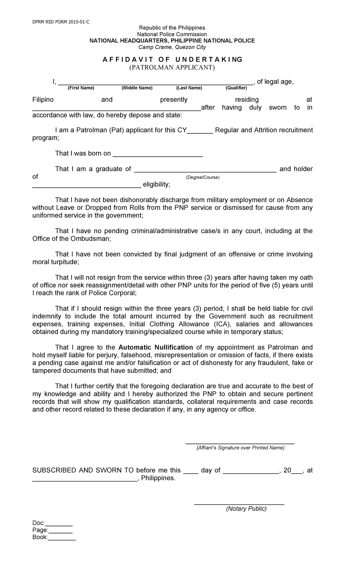 Affidavit of Undertaking - DPRM RSD FORM 2015-01-C Republic of the ...