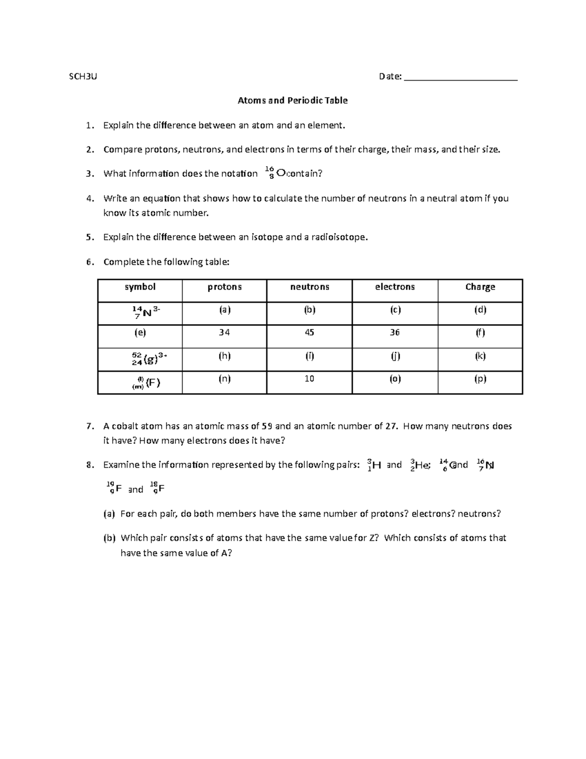 Unit 1 - Activity 7 - Atoms and Periodic Table Research Assignment ...