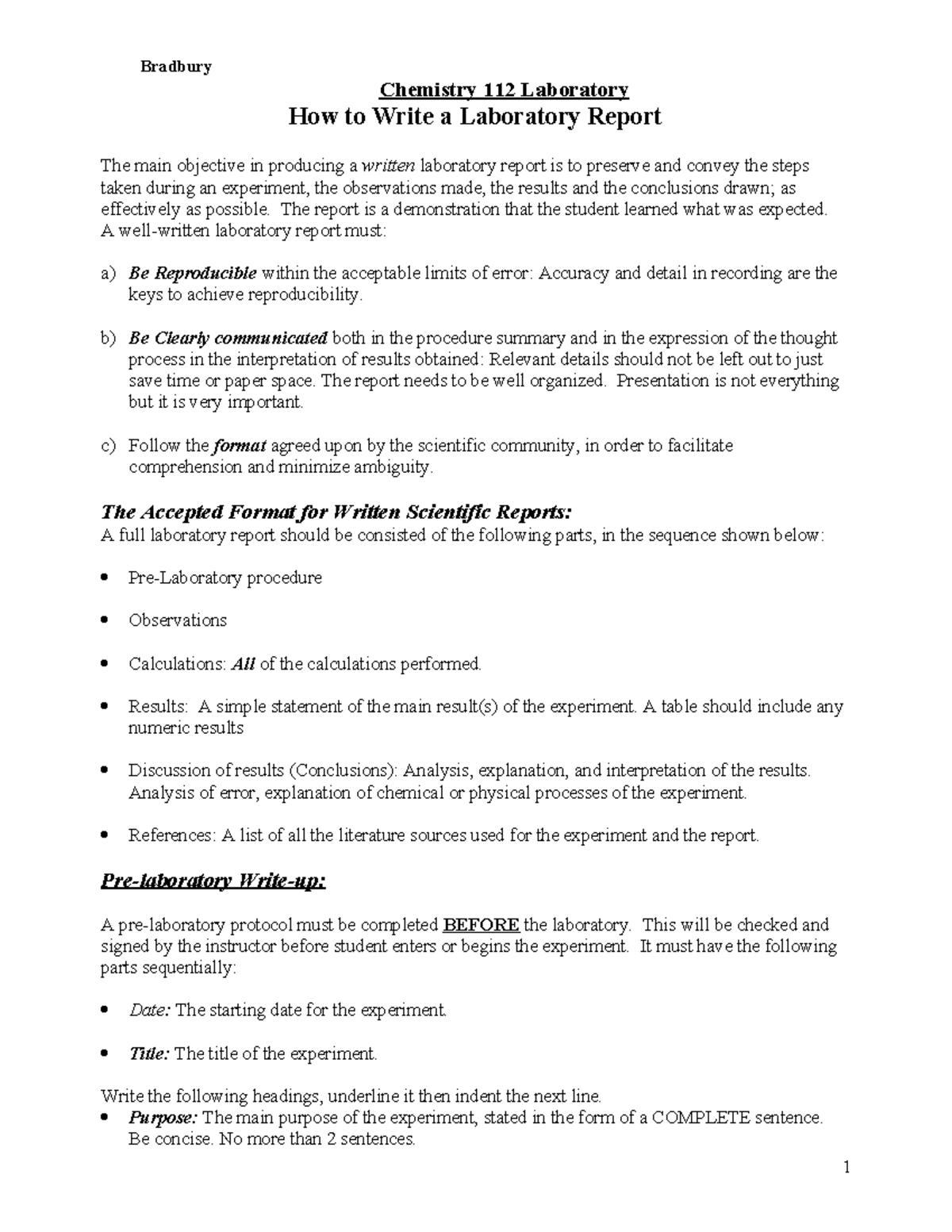 How to Write a Lab report - Bradbury Chemistry 112 Laboratory How to ...