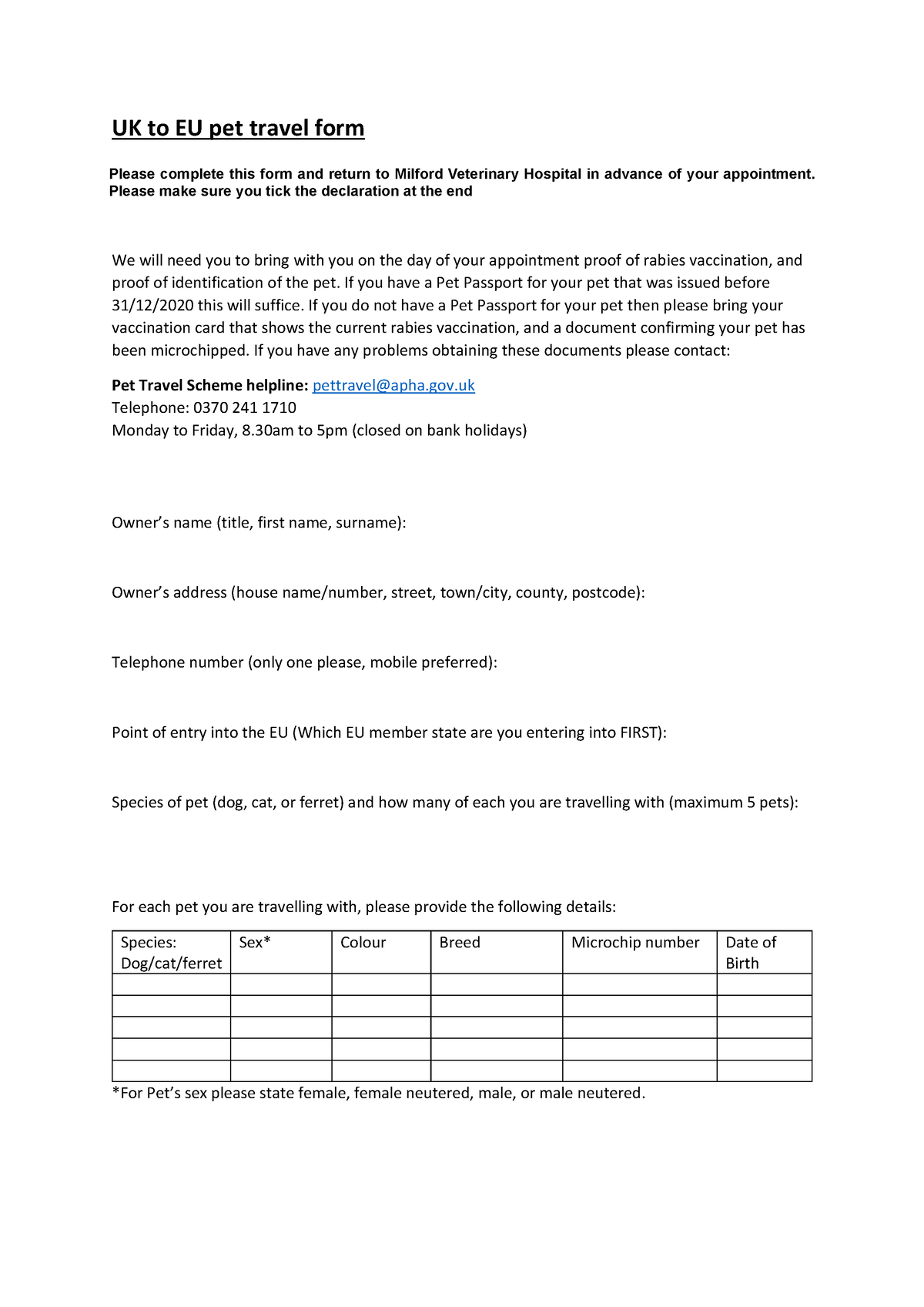 uk to eu pet travel form