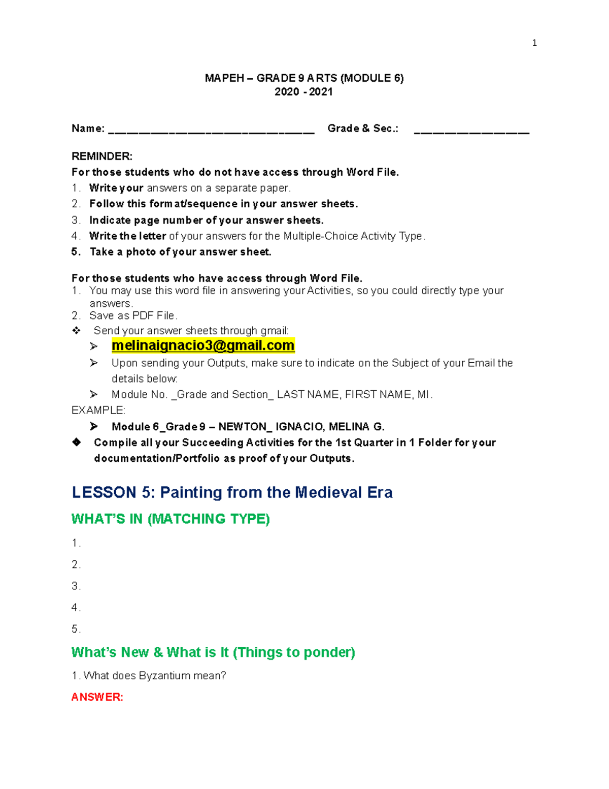 Module 6 ARTS Grade 9 Answer Sheets Format MAPEH GRADE 9 ARTS (MODULE 6) 2020 2021 Name