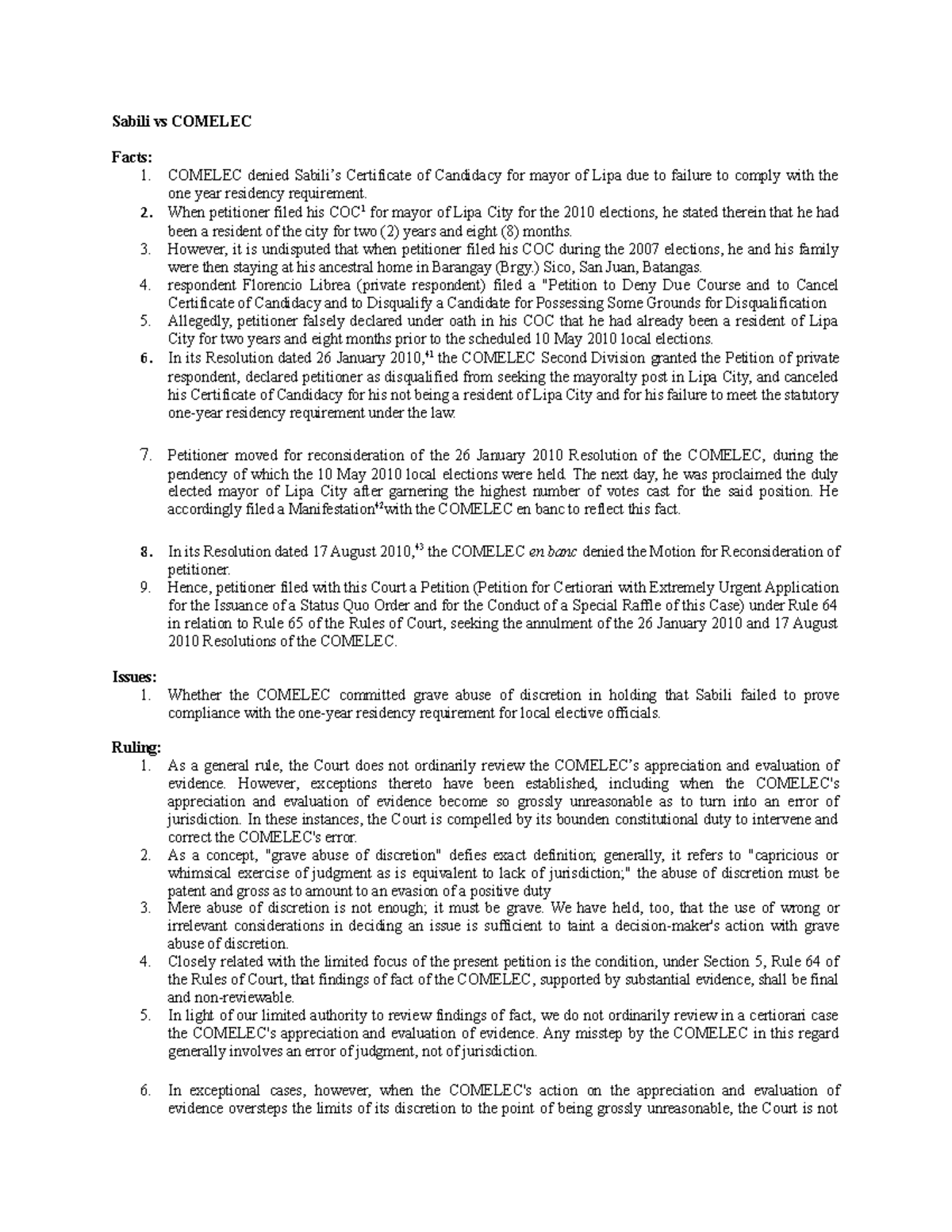 147597555 Sabili vs Comelec - Sabili vs COMELEC Facts: 1. COMELEC ...