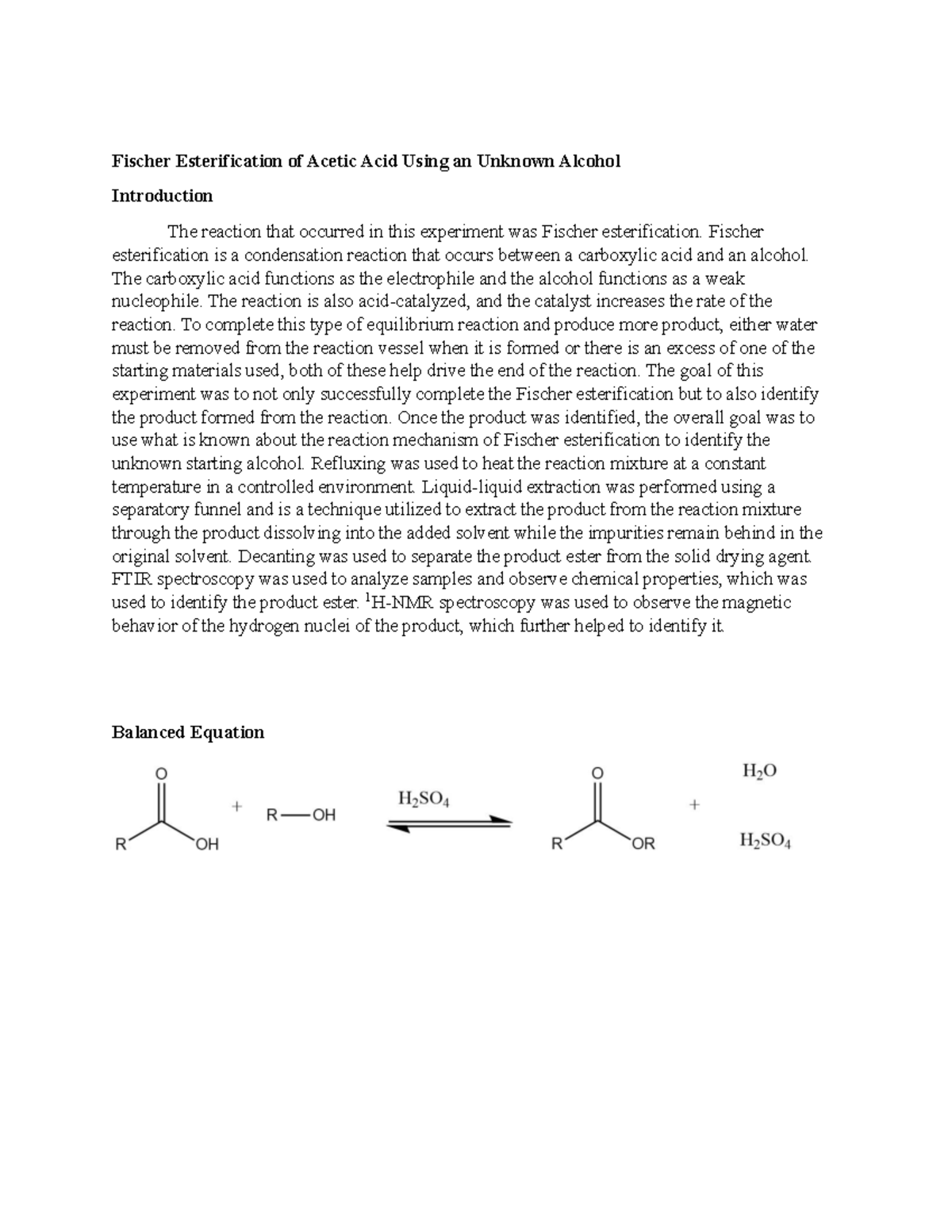 Lab Report 5 Fischer Esterification of Acetic Acid Using an Unknown