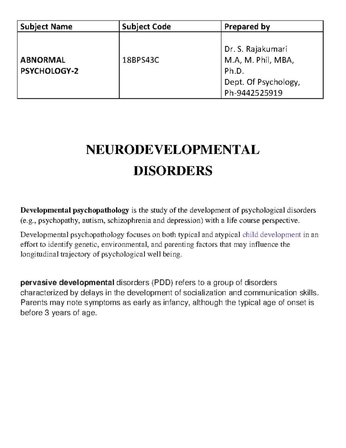Abnormal psychology neural disorders - Subject Name Subject Code ...