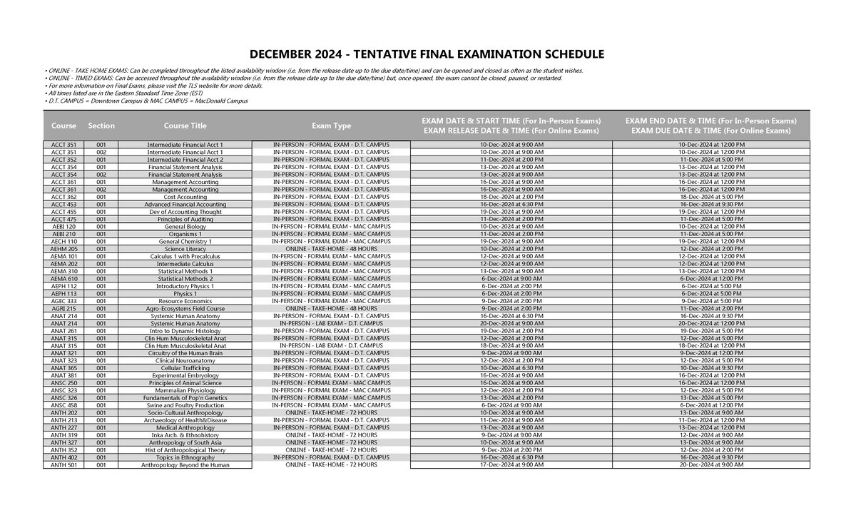 December 2024 tentative schedule - Course Section Course Title Exam ...