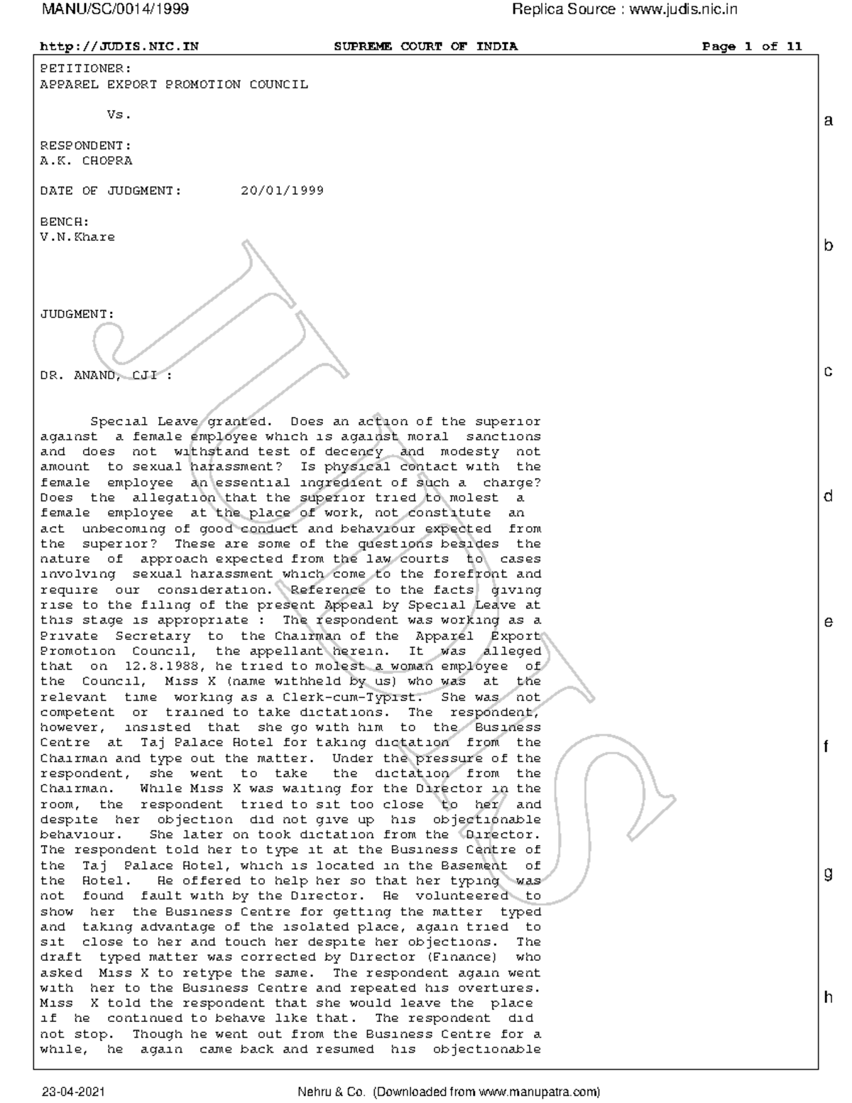 Apparel Export Promotion Council vs. A.K. Chopra JUDIS.NIC SUPREME