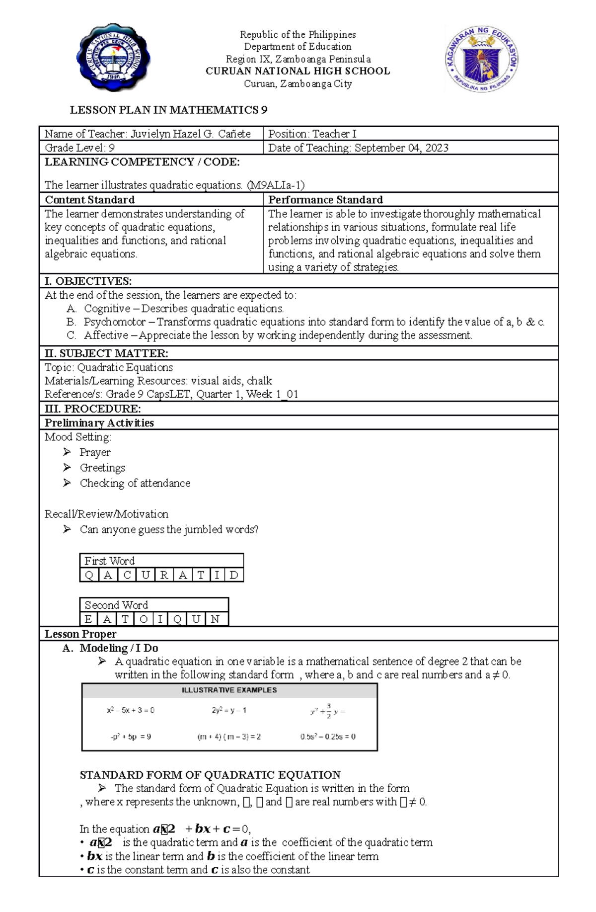Lesson Plan in Quadratic Equation - Republic of the Philippines ...
