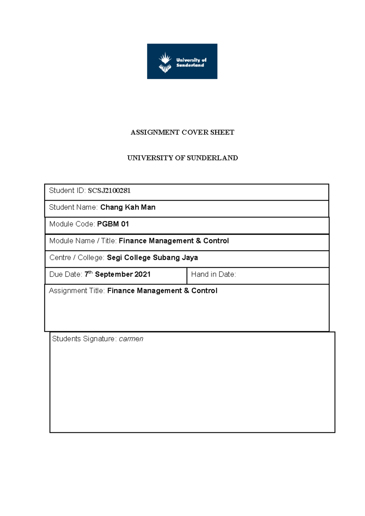 university of sunderland assignment cover sheet