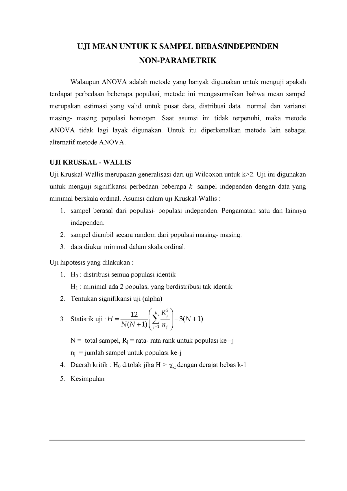 Materi Statistik Non Parametrik - UJI MEAN UNTUK K SAMPEL BEBAS ...