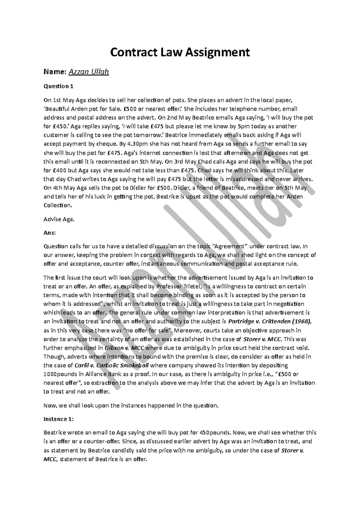 acceptance in contract law essay