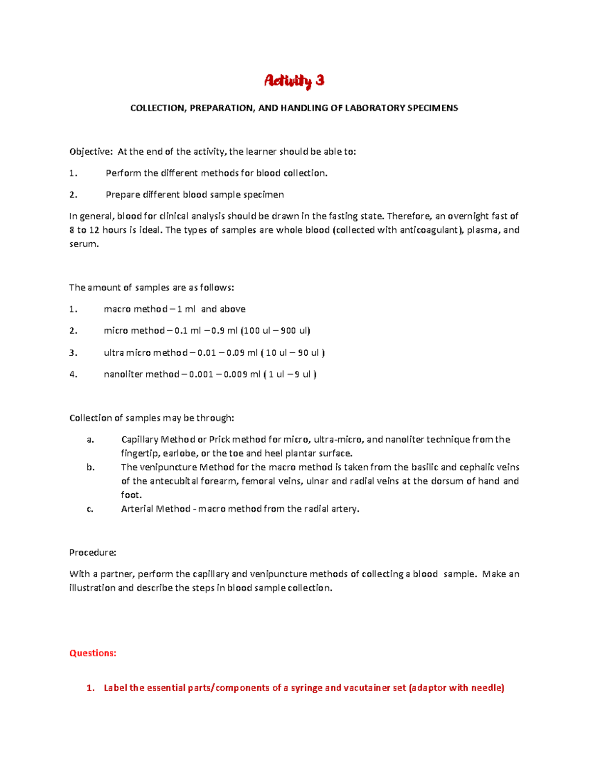 Clinical Chemistry 2 LAB Activity Sample Handling & Collection ...