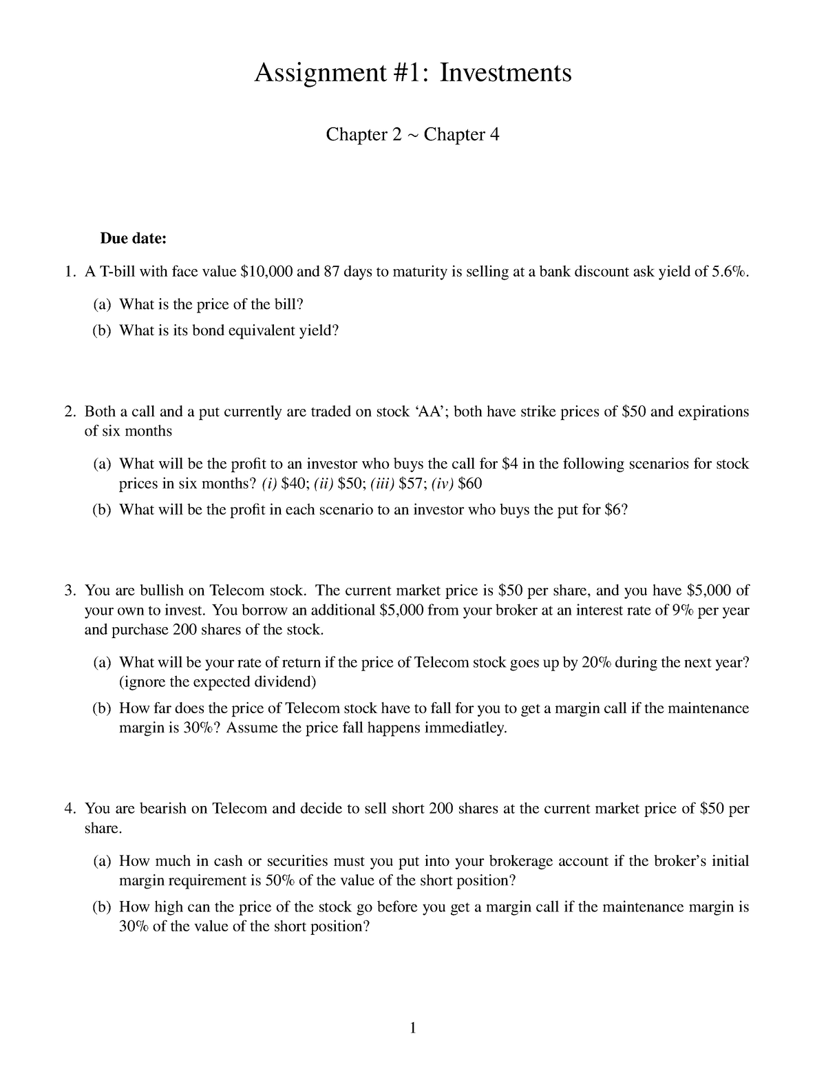 Assignment 1 - (a) What Is The Price Of The Bill? (b) What Is Its Bond ...