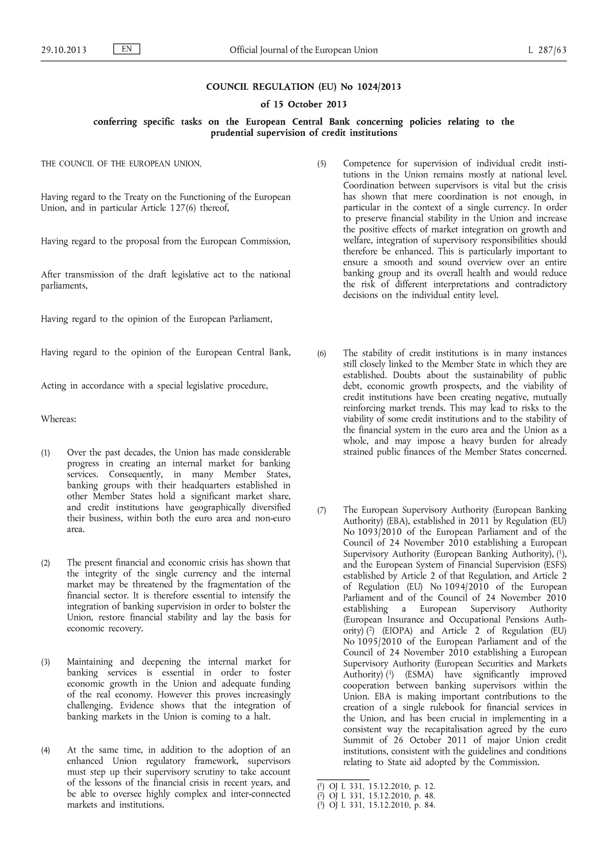 SSM-VO - SSM-VO - COUNCIL REGULATION (EU) No 1024/ of 15 October 2013 ...