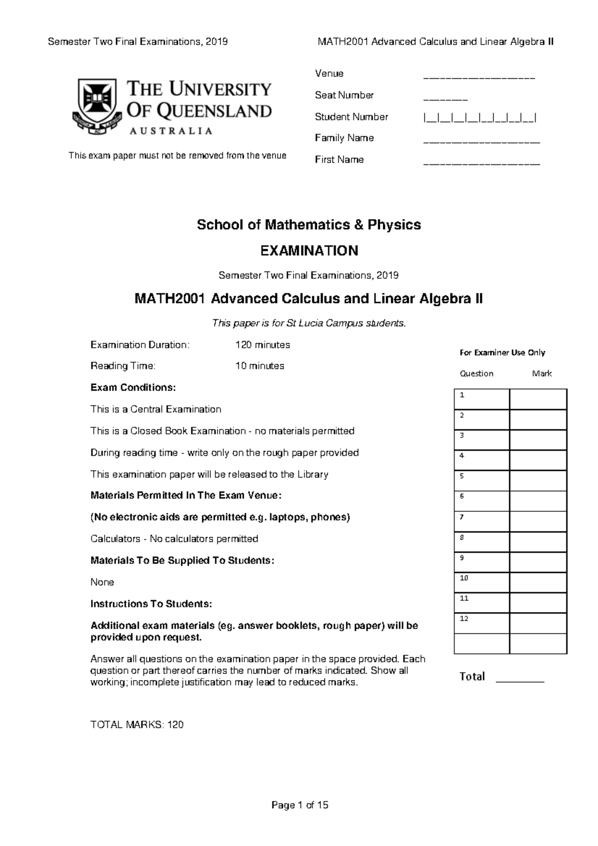 Semester Two Final Examinations 2019 MATH2001 - Semester Two Final ...