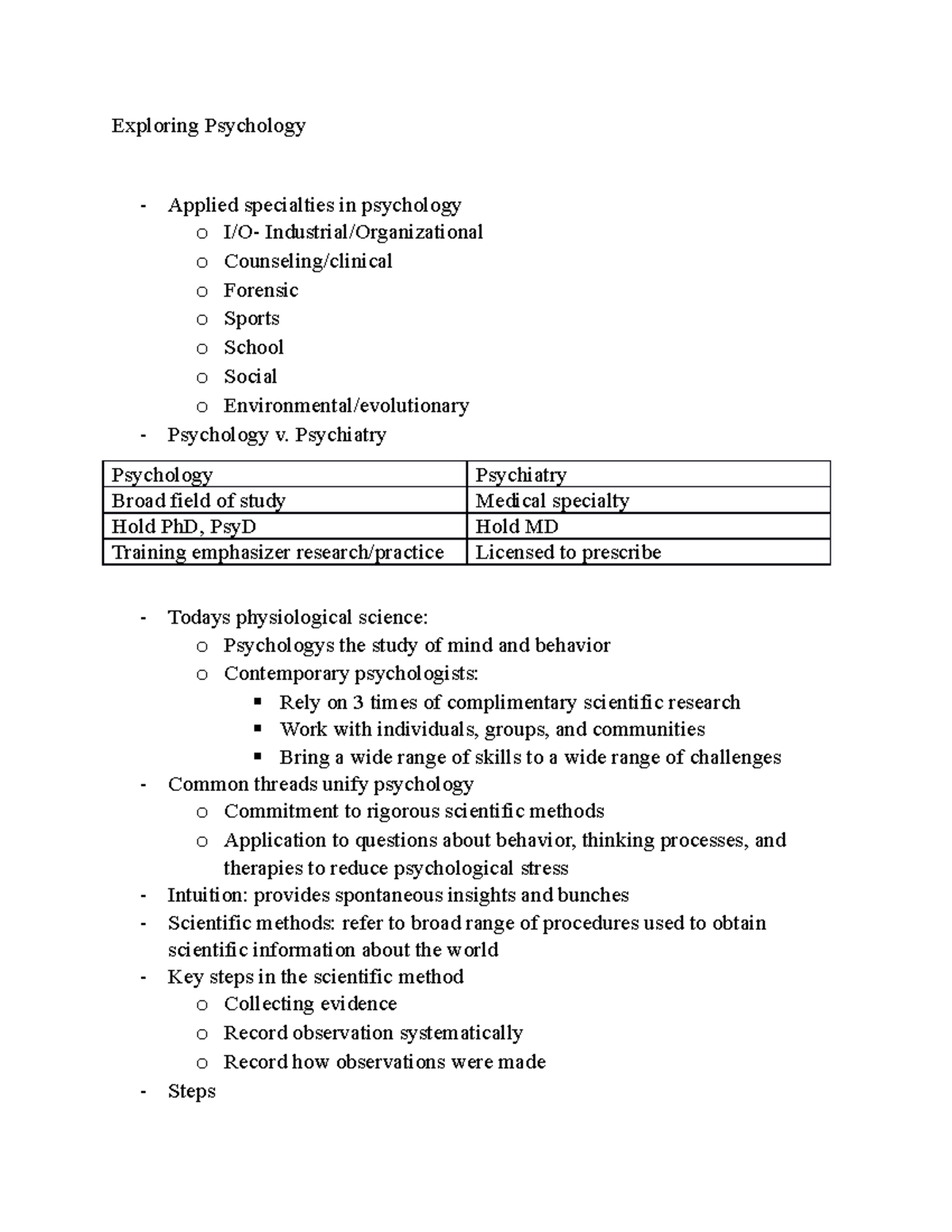 Exploring Psychology Notes - Exploring Psychology Applied specialties ...