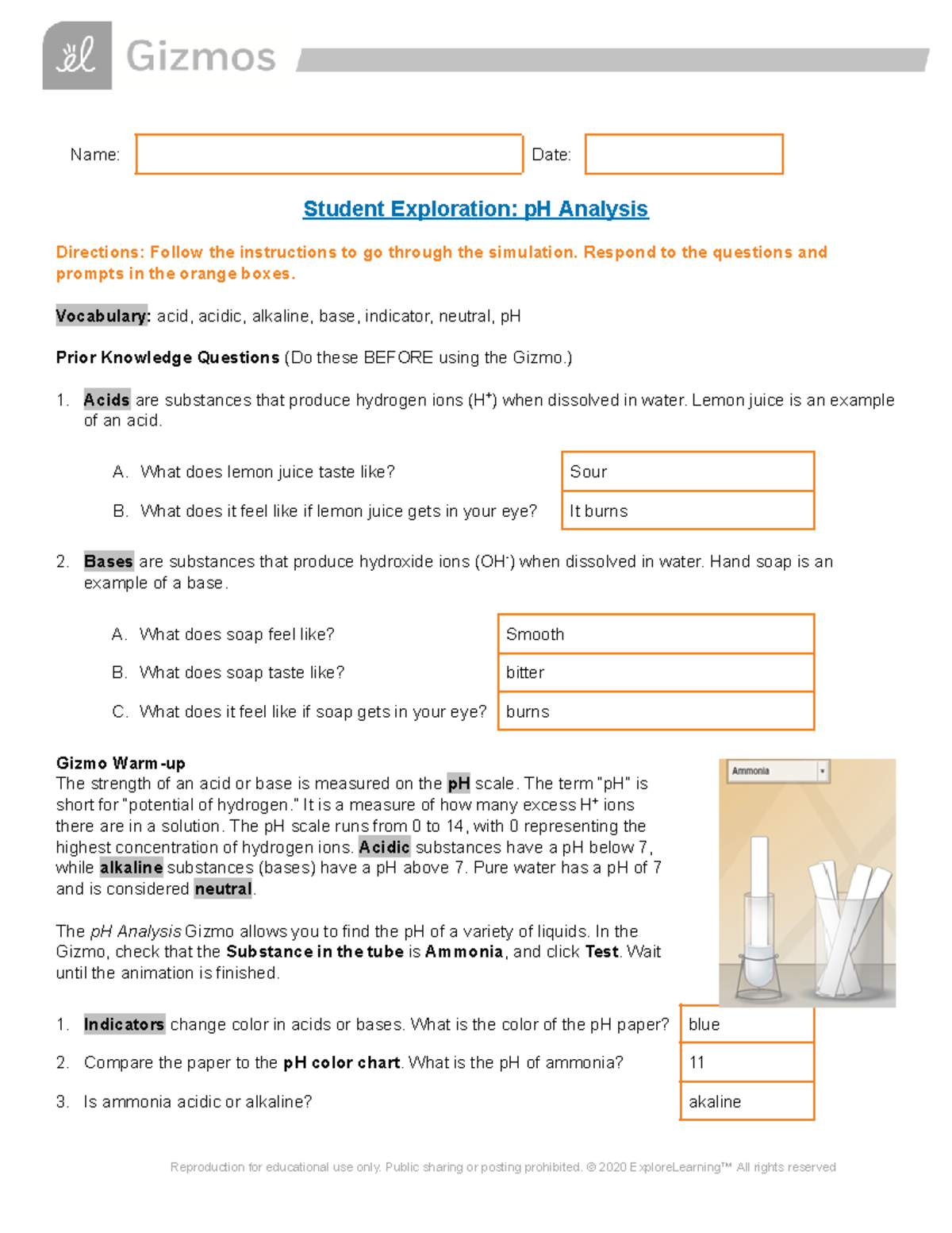 Gizmo Acids and Basesp HAnalysis SE Name Date Student Exploration