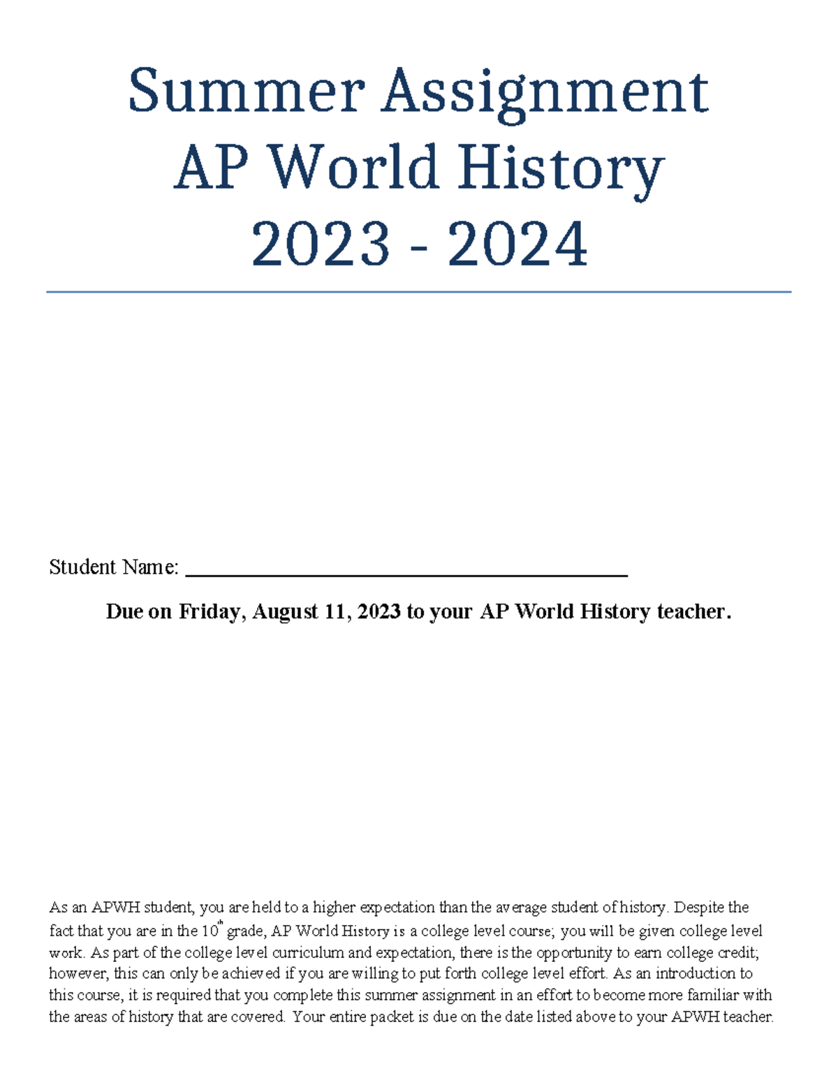 world history summer assignment