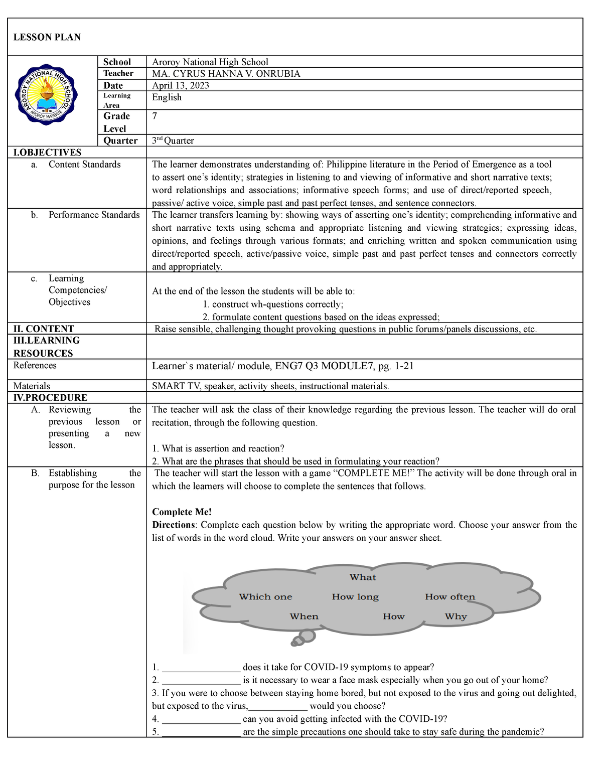 Question Consist Of Semi Detailed Daily Lesson Plan Regarding The Subject English In Lesson