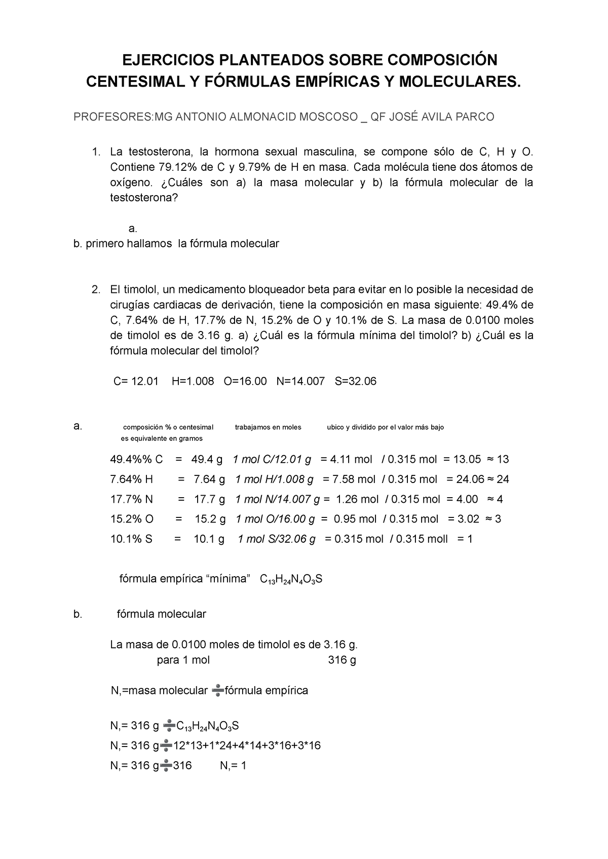 Composición Centesimal Y Fórmulas Empíricas Y Moleculares 2022-II ...