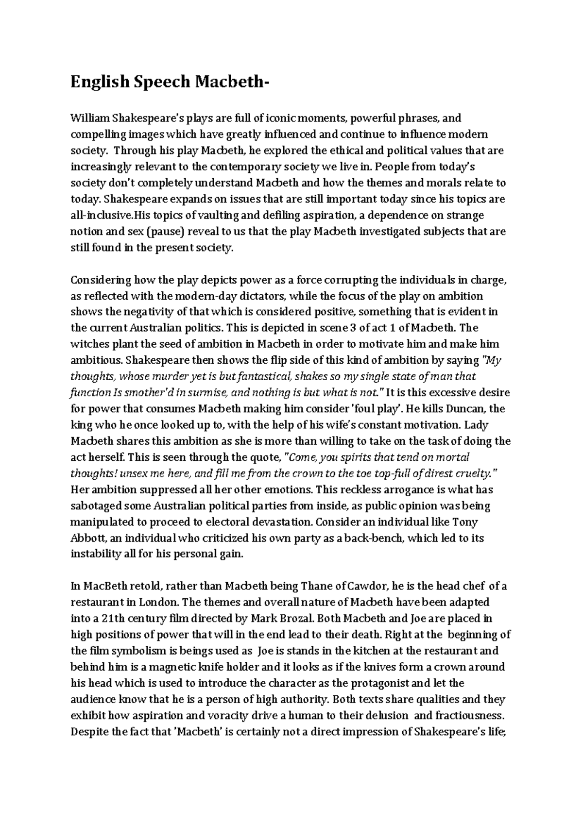 English Speech Macbeth - EDST6723 - UNSW Sydney - Studocu