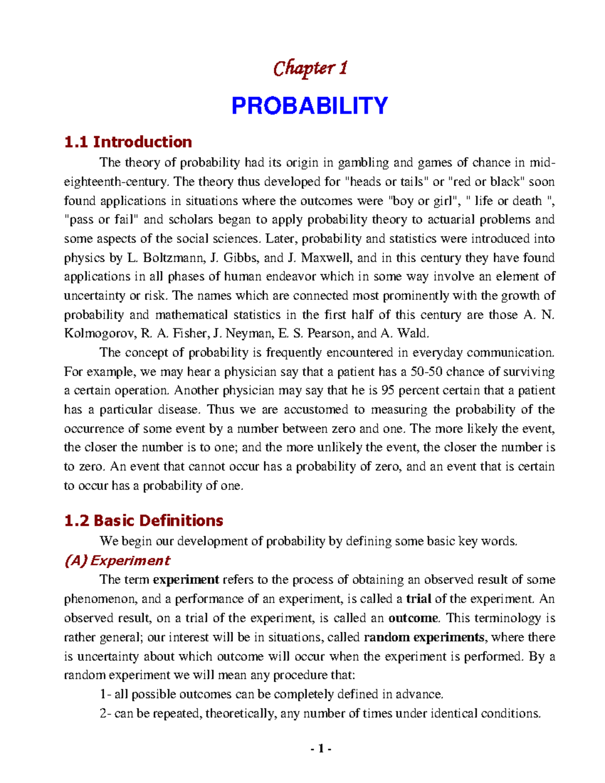 Chapter 1 - Introduction The Theory Of Probability Had Its Origin In ...