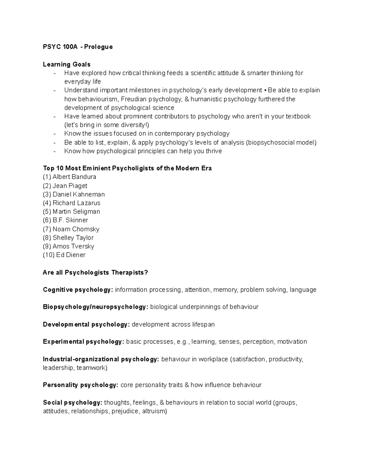 PSYC 100A - Prologue - Notes from lecture, lecture slides, and textbook ...