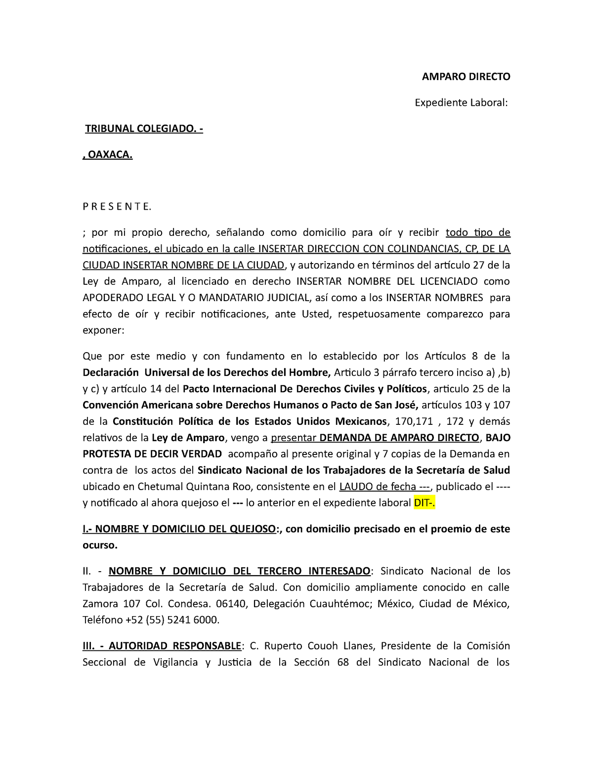 Amparo Directo DEL TIPO Laboral Formato Ejemplo - AMPARO DIRECTO ...