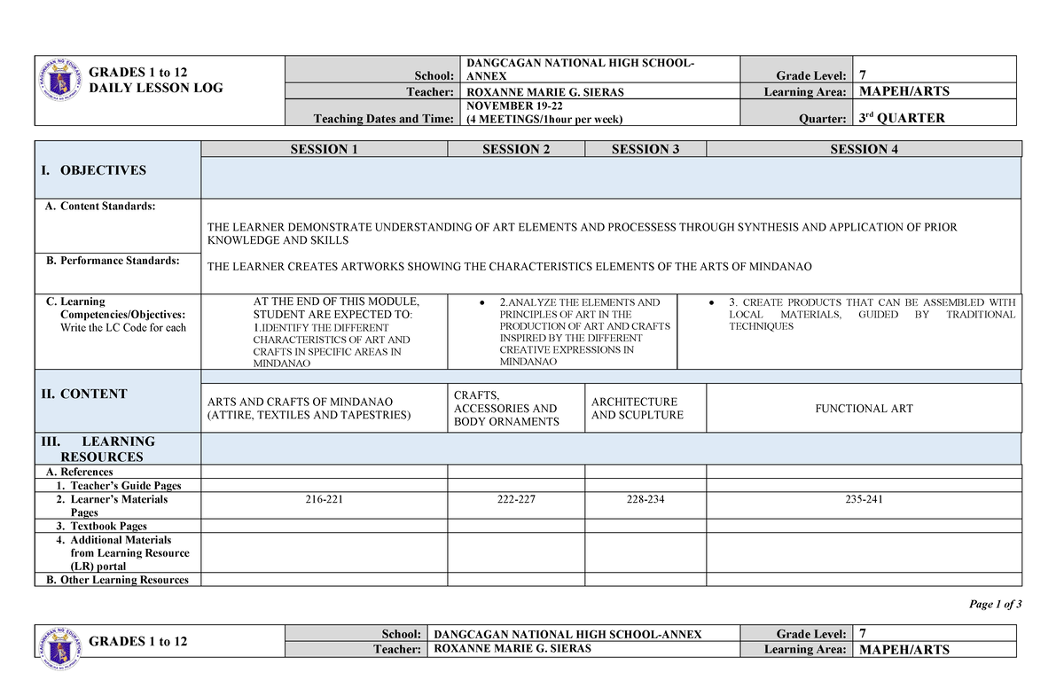 Dll-arts-7-q3 Compress - Grades 1 To 12 Daily Lesson Log School 