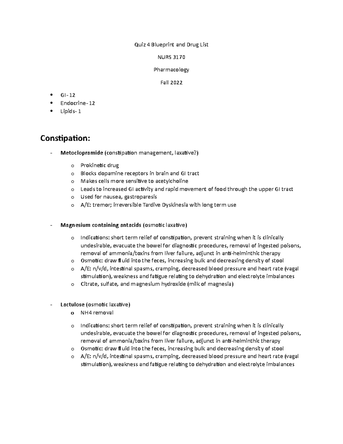 Quiz 4 BP and drug list 2 Quiz 4 Blueprint and Drug List NURS 3170