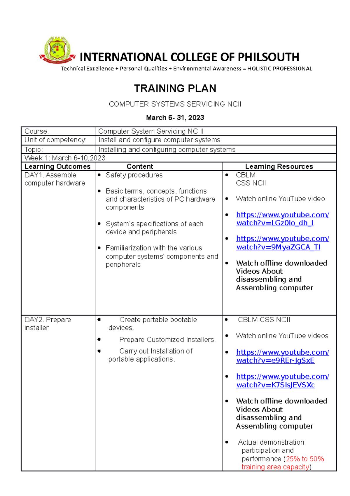 Training-Plan-CSS - It is a document that will helps you for the ...