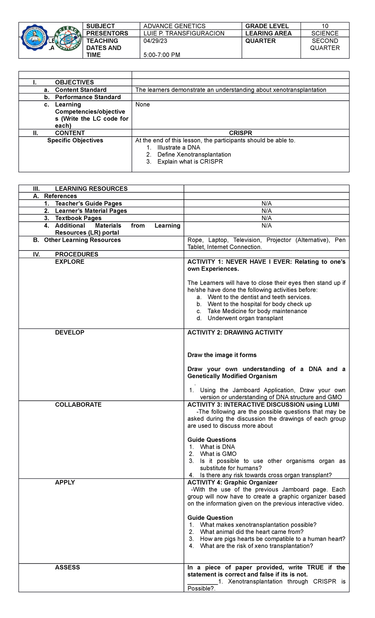 Advance Genetics Lesson Plan - SUBJECT ADVANCE GENETICS GRADE LEVEL 10 ...