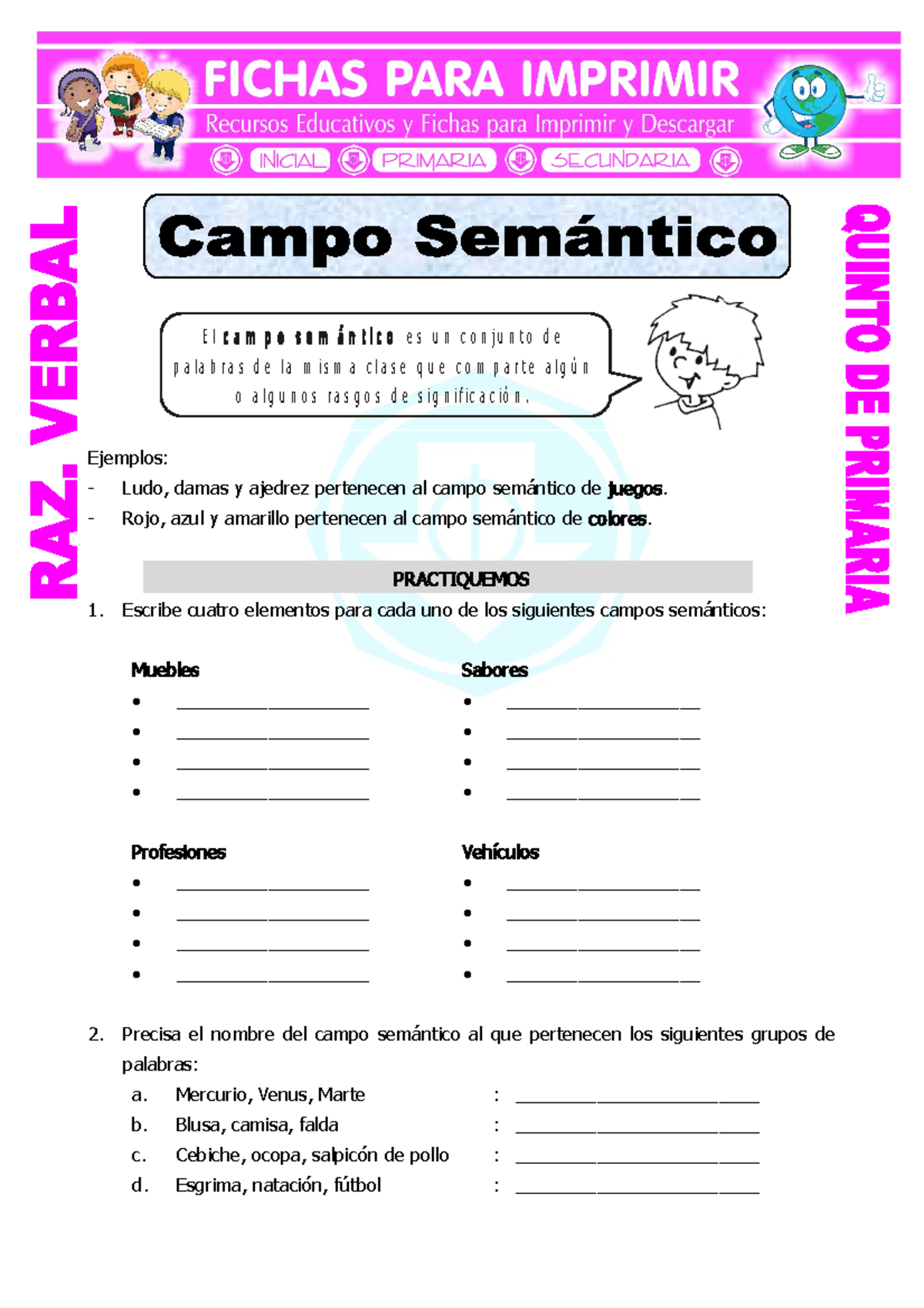 Campo Sem ntico Ejercicios Para Quinto De Primaria E L E S U N C O N 